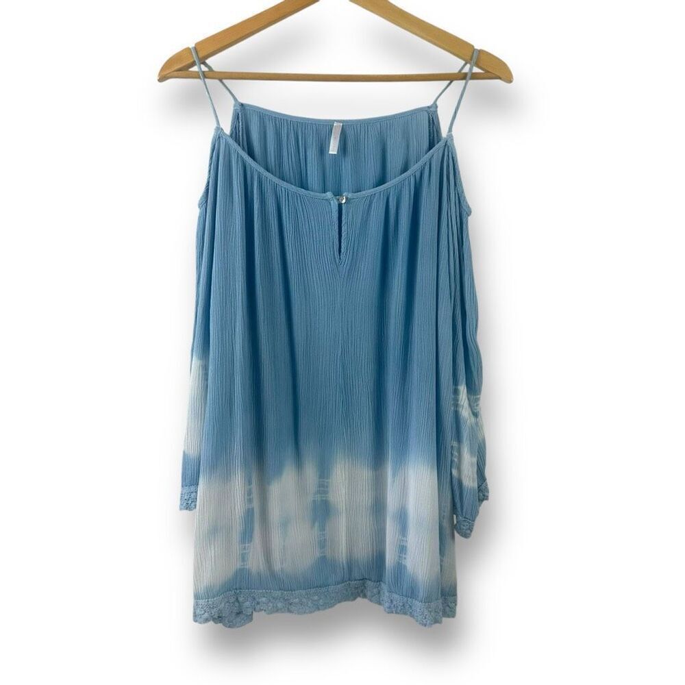 Pink Blush Womens L Cold Shoulder Crepe Blouse Blue Marble Tie Dye Coastal Flowy
